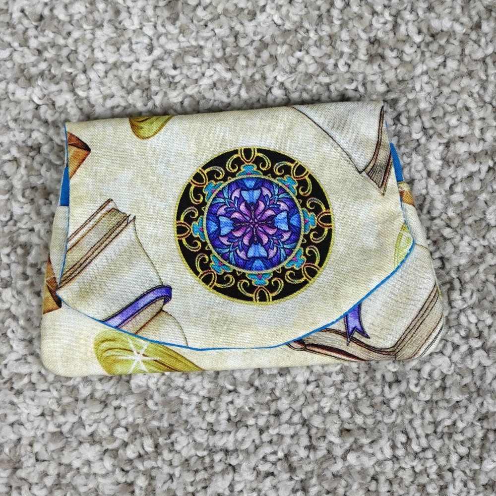 Handmade Mystic Book Stained Glass Fabric Pocket Wallet Card Holder Blue Lining